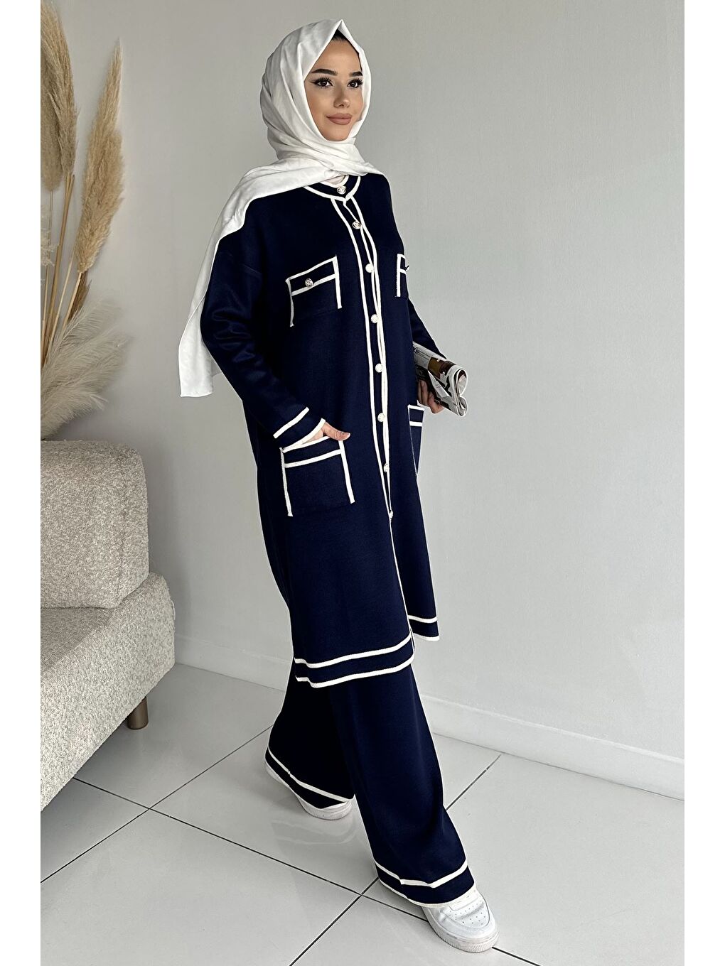 Lacivert Ön Düğmeli Tesettür Triko Hırka Bel Lastikli Pantolon İkili Takım-3