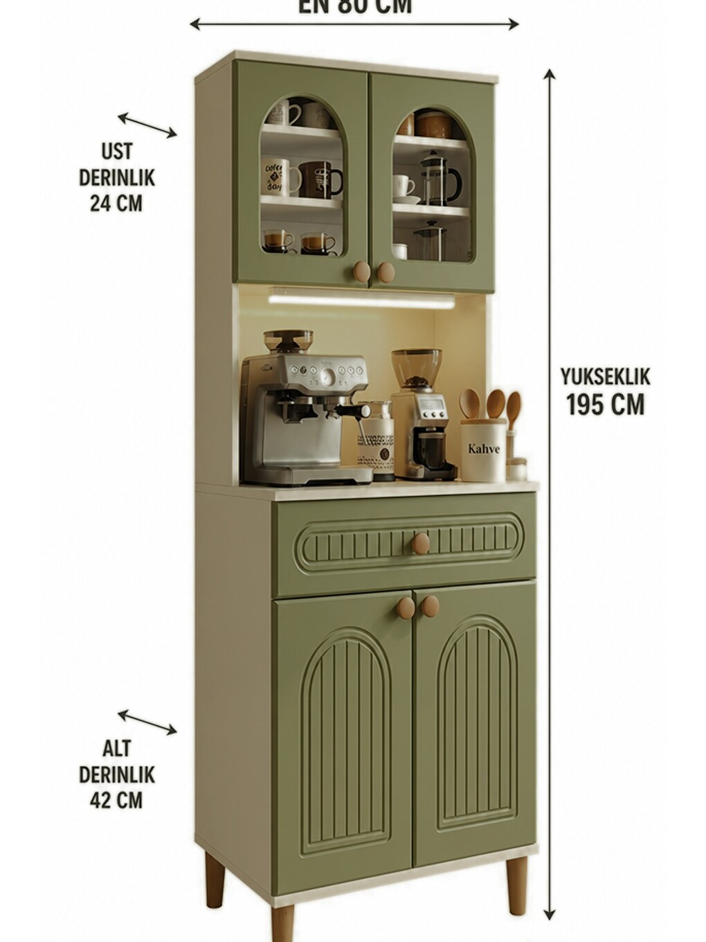 Barista Led Aydınlatmalı Kahve Köşesi Dolabı Retro Büfe 195cm Mdf Koyu Yeşil-1