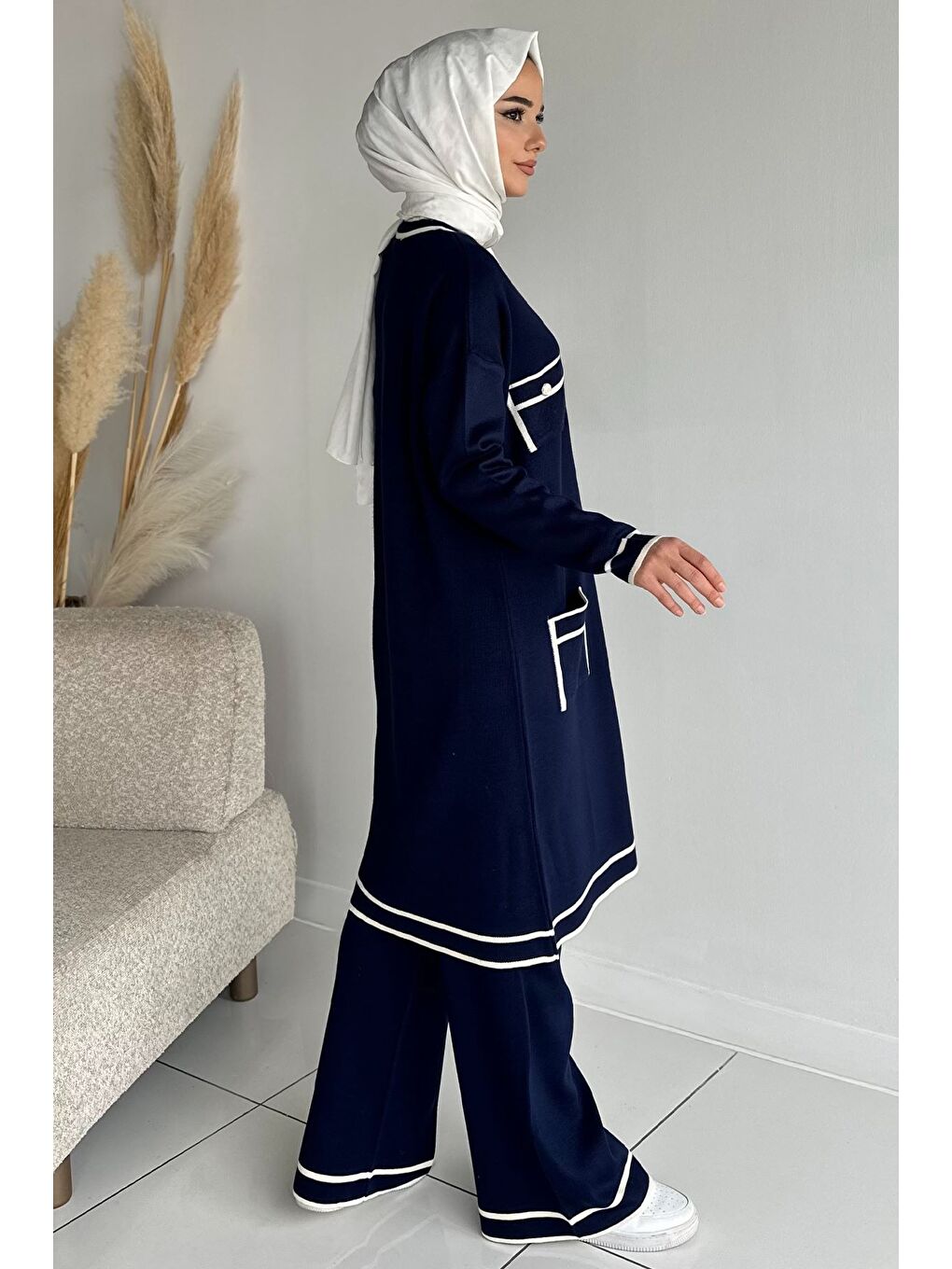 Lacivert Ön Düğmeli Tesettür Triko Hırka Bel Lastikli Pantolon İkili Takım-5