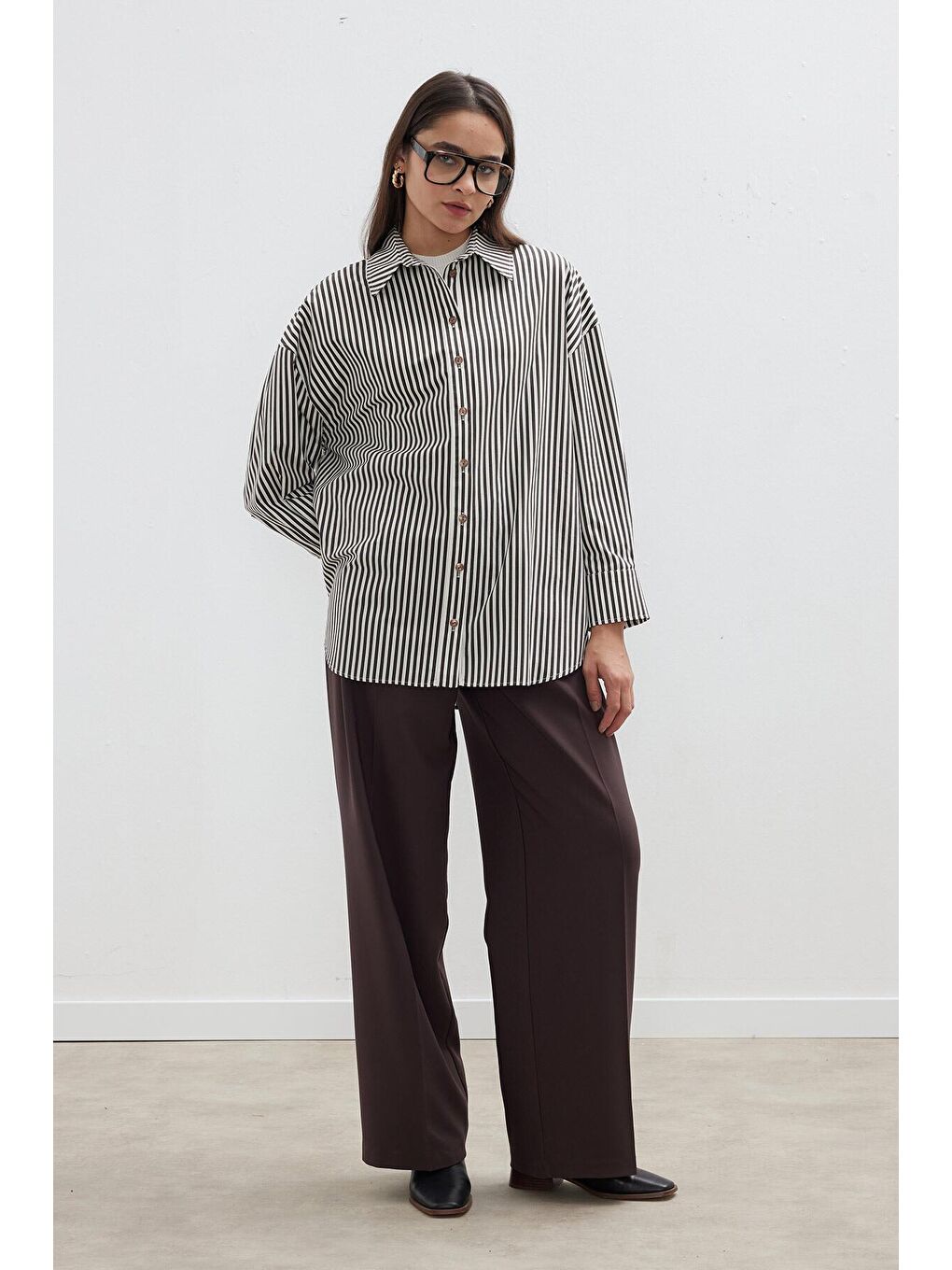 Çizgili Oversize Gömlek Kahverengi-3