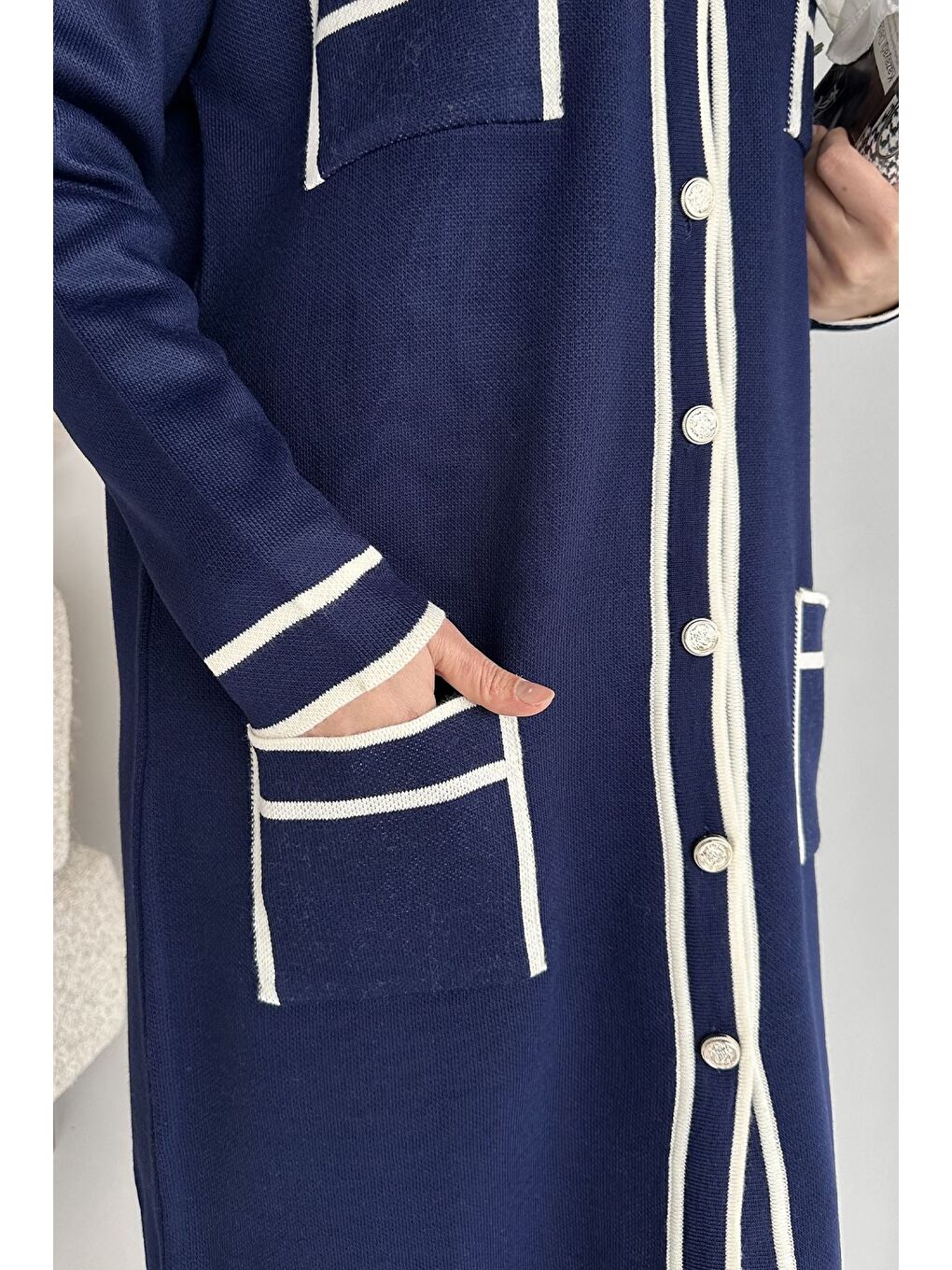 Lacivert Ön Düğmeli Tesettür Triko Hırka Bel Lastikli Pantolon İkili Takım-7