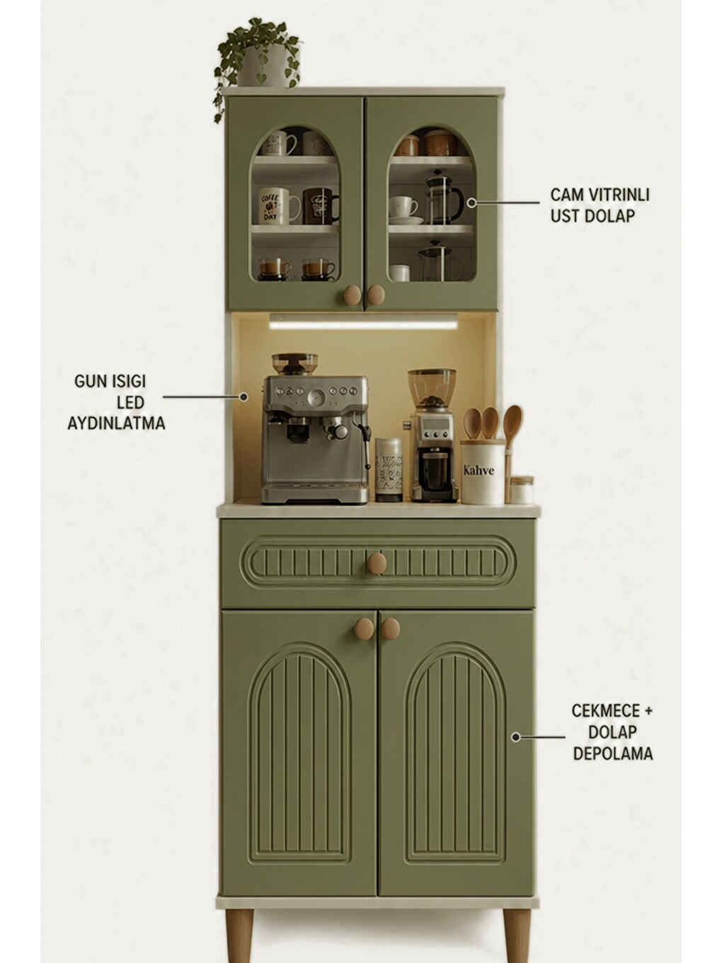 Barista Led Aydınlatmalı Kahve Köşesi Dolabı Retro Büfe 195cm Mdf Koyu Yeşil-2