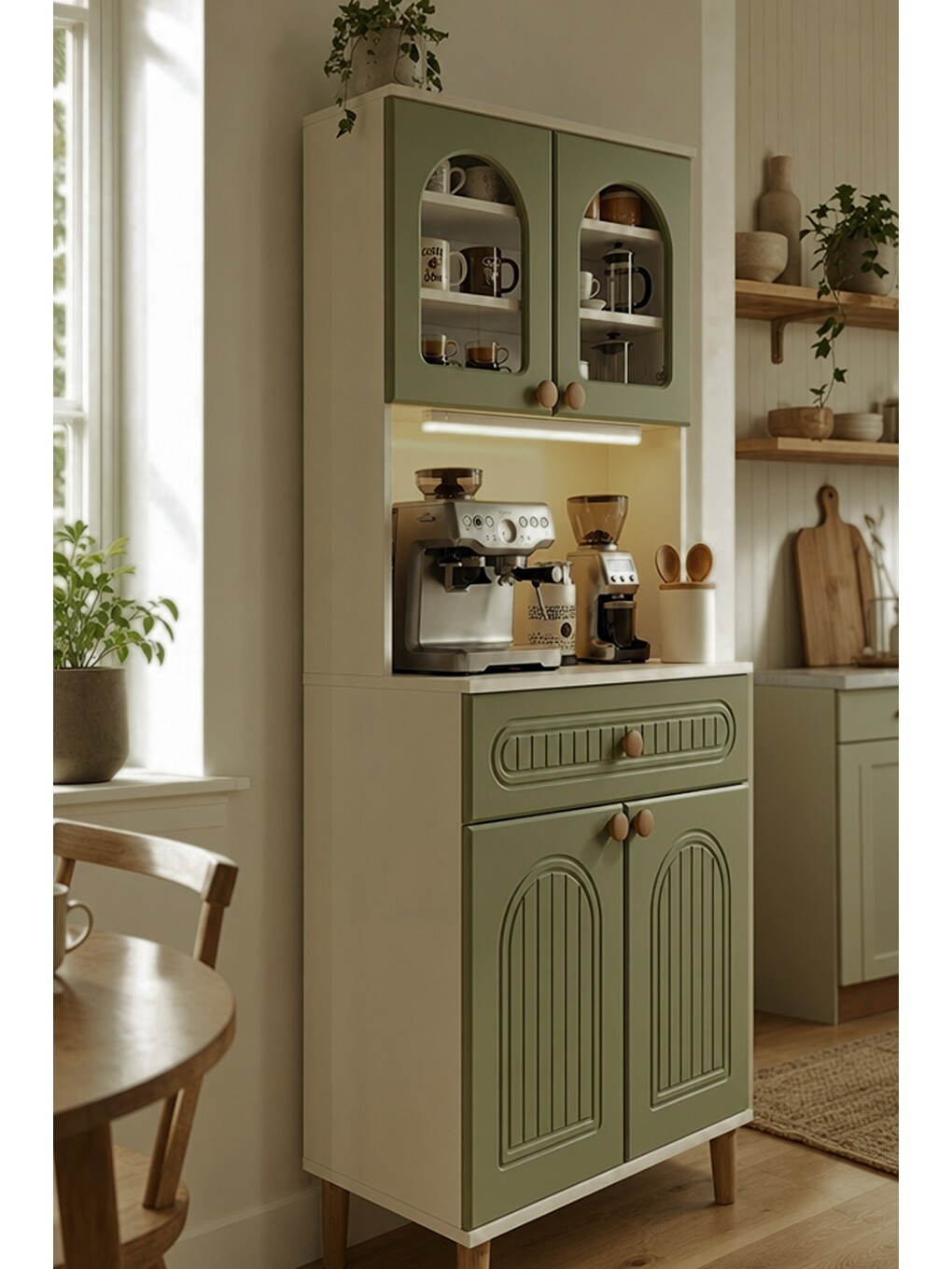 Barista Led Aydınlatmalı Kahve Köşesi Dolabı Retro Büfe 195cm Mdf Koyu Yeşil-3
