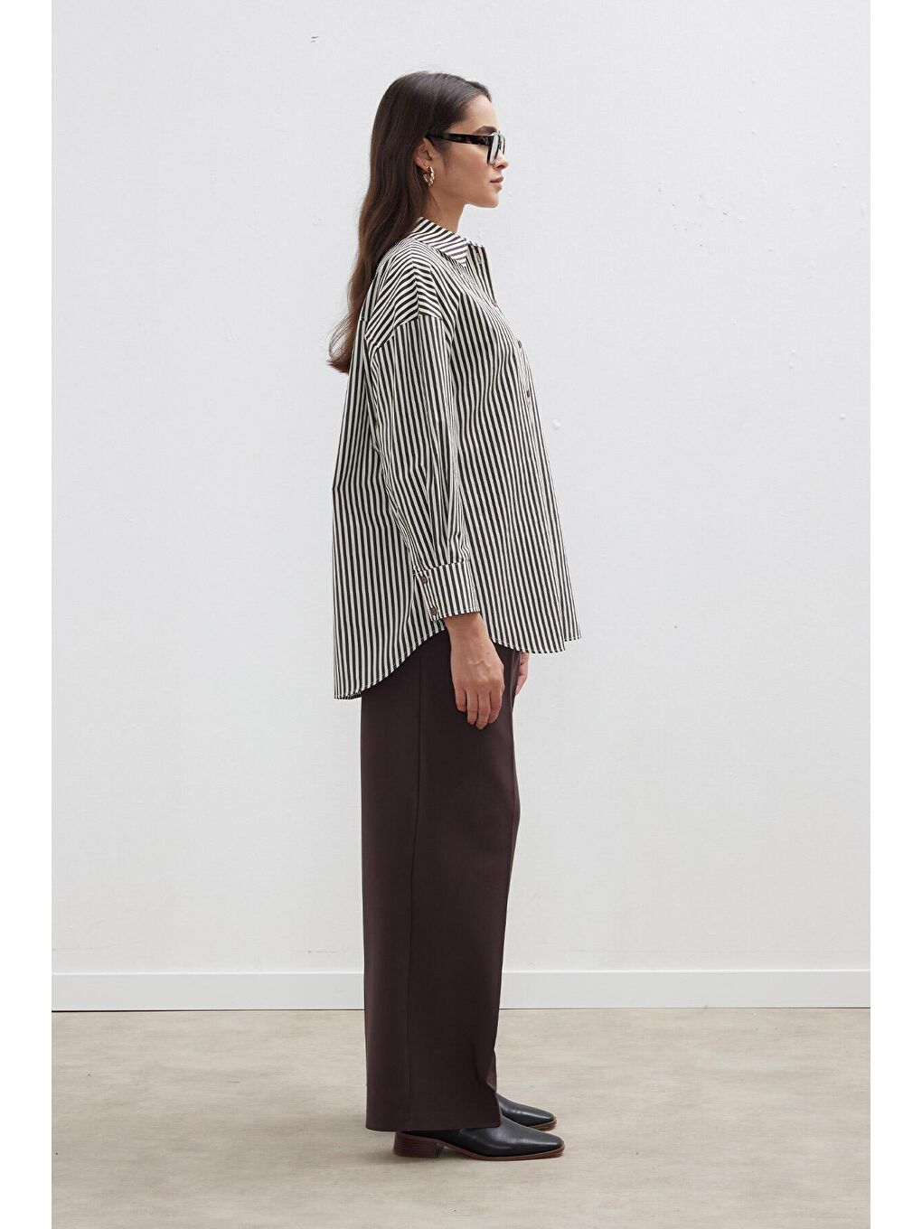 Çizgili Oversize Gömlek Kahverengi-4