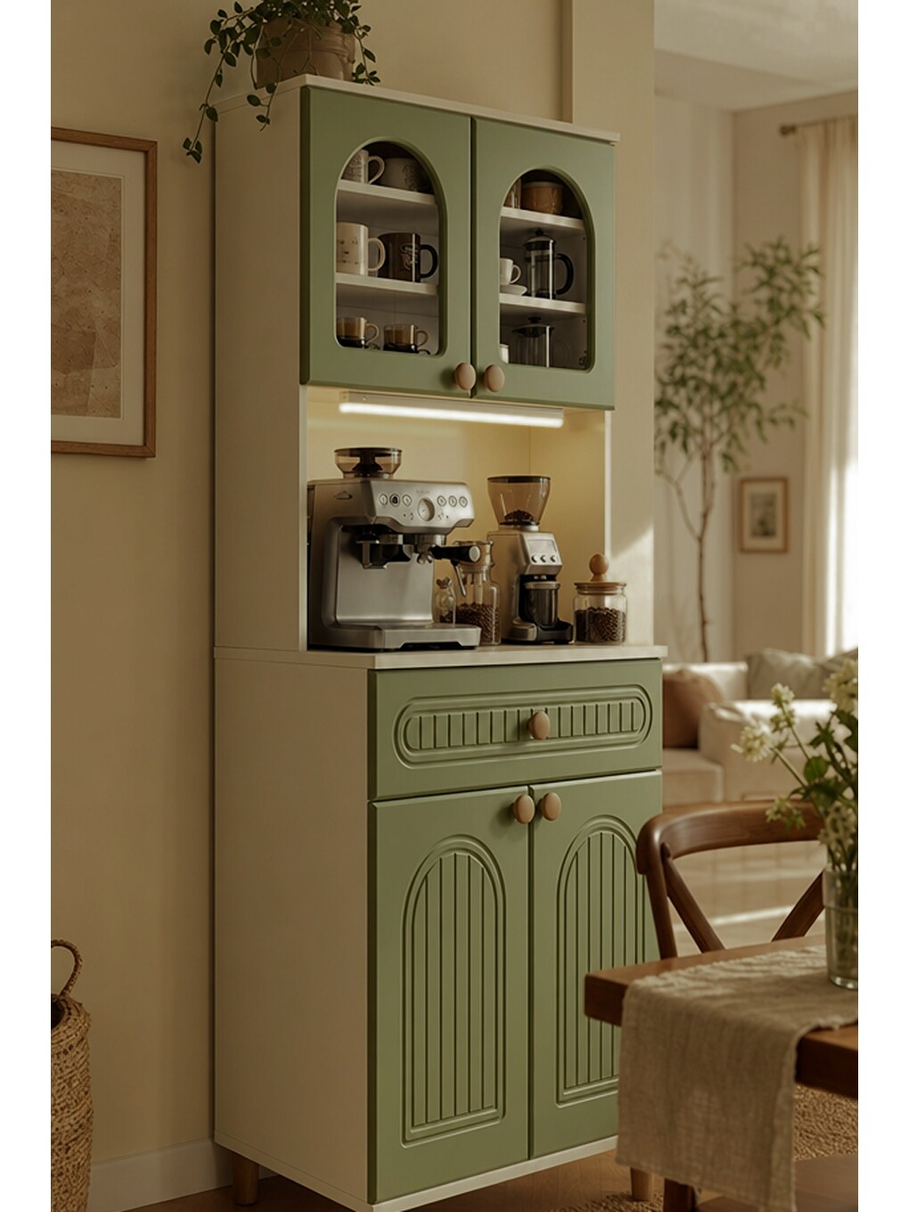 Barista Led Aydınlatmalı Kahve Köşesi Dolabı Retro Büfe 195cm Mdf Koyu Yeşil-4