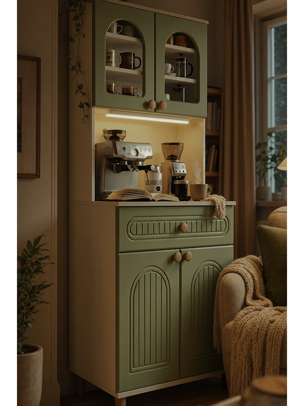 Barista Led Aydınlatmalı Kahve Köşesi Dolabı Retro Büfe 195cm Mdf Koyu Yeşil-5