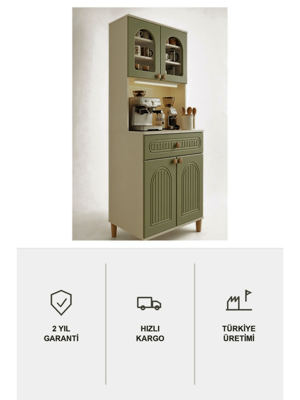 Barista Led Aydınlatmalı Kahve Köşesi Dolabı Retro Büfe 195cm Mdf Koyu Yeşil-6