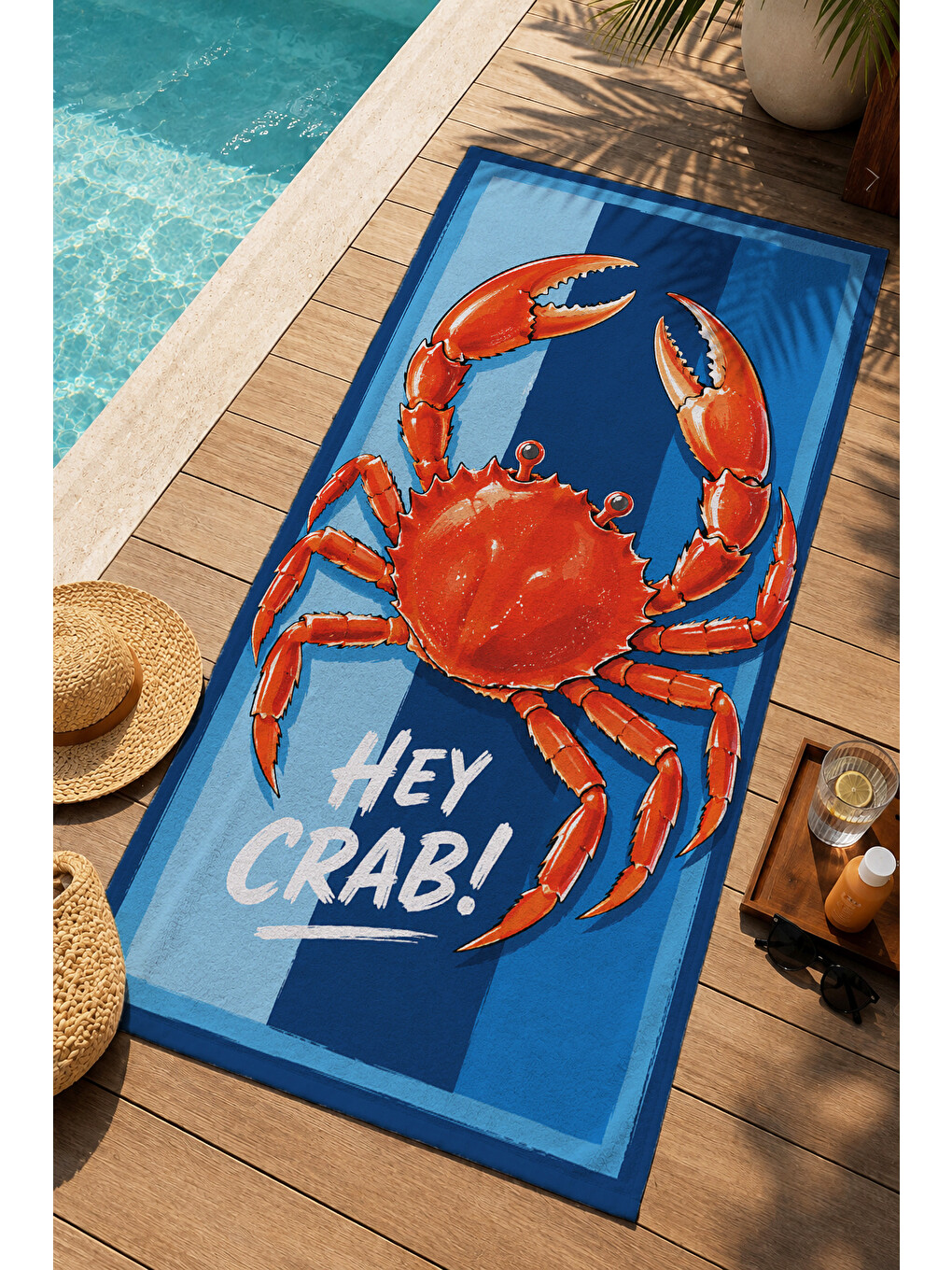 Pop Art Hey Crab Yazılı Kırmızı Yengeç Desenli 70x150 Plaj Havlusu - Pamuklu Banyo Havlusu-1