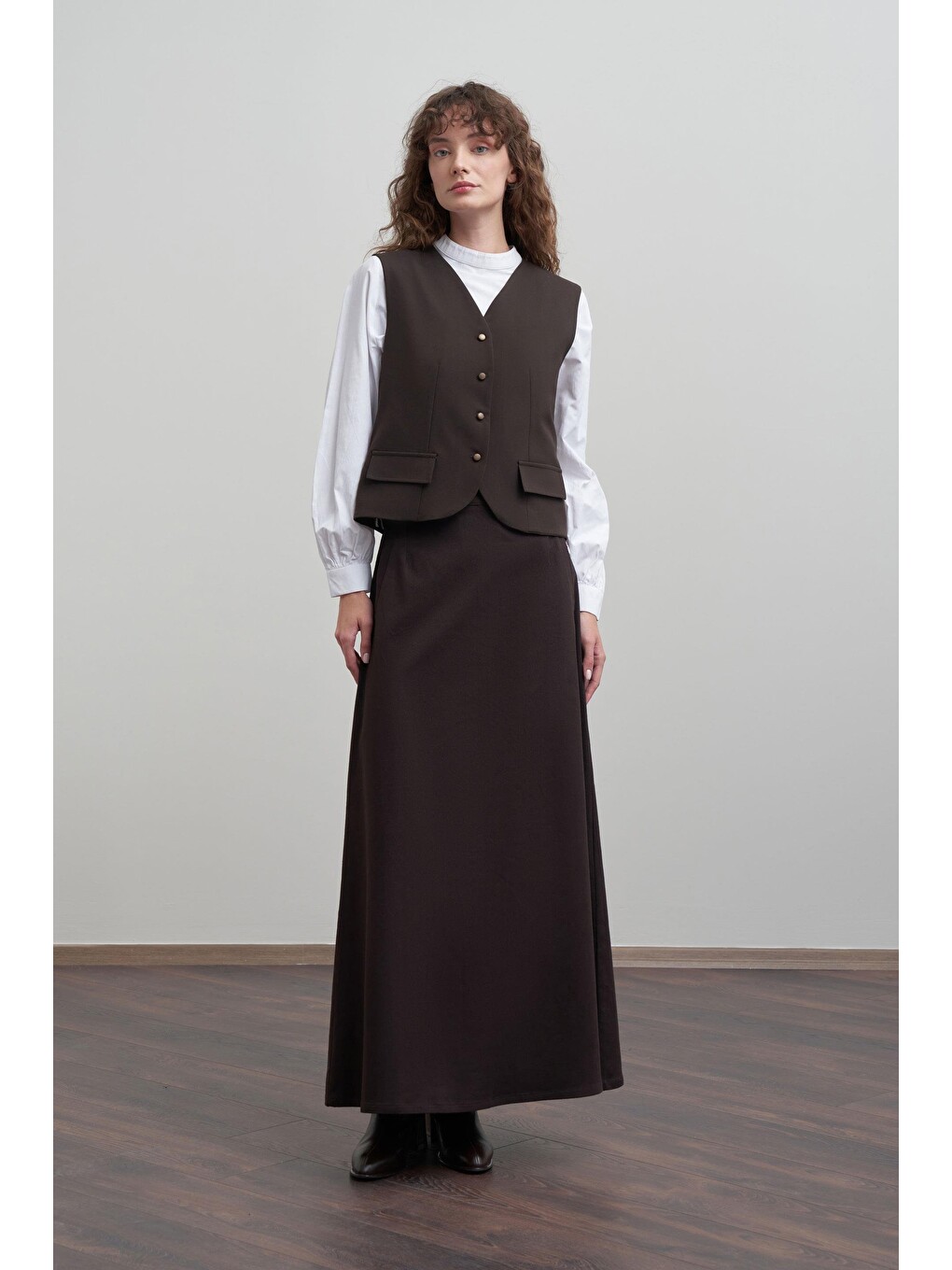 Kahverengi Acı Kahve-gabardin Belden Bantlı Çan Etek-4