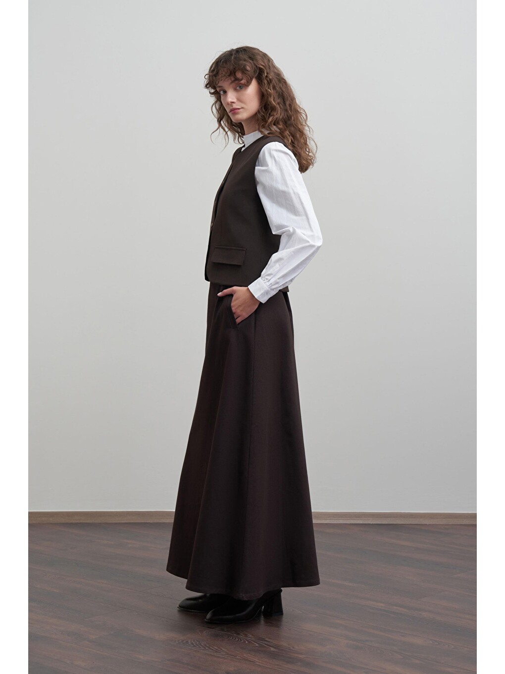 Kahverengi Acı Kahve-gabardin Belden Bantlı Çan Etek-5