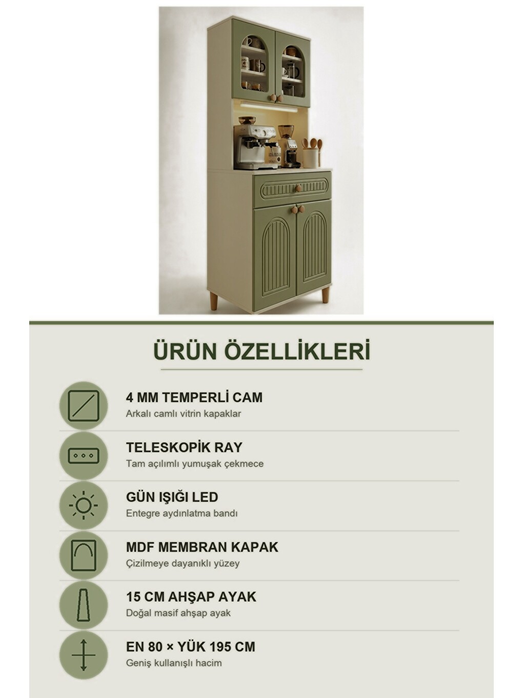 Barista Led Aydınlatmalı Kahve Köşesi Dolabı Retro Büfe 195cm Mdf Koyu Yeşil-7