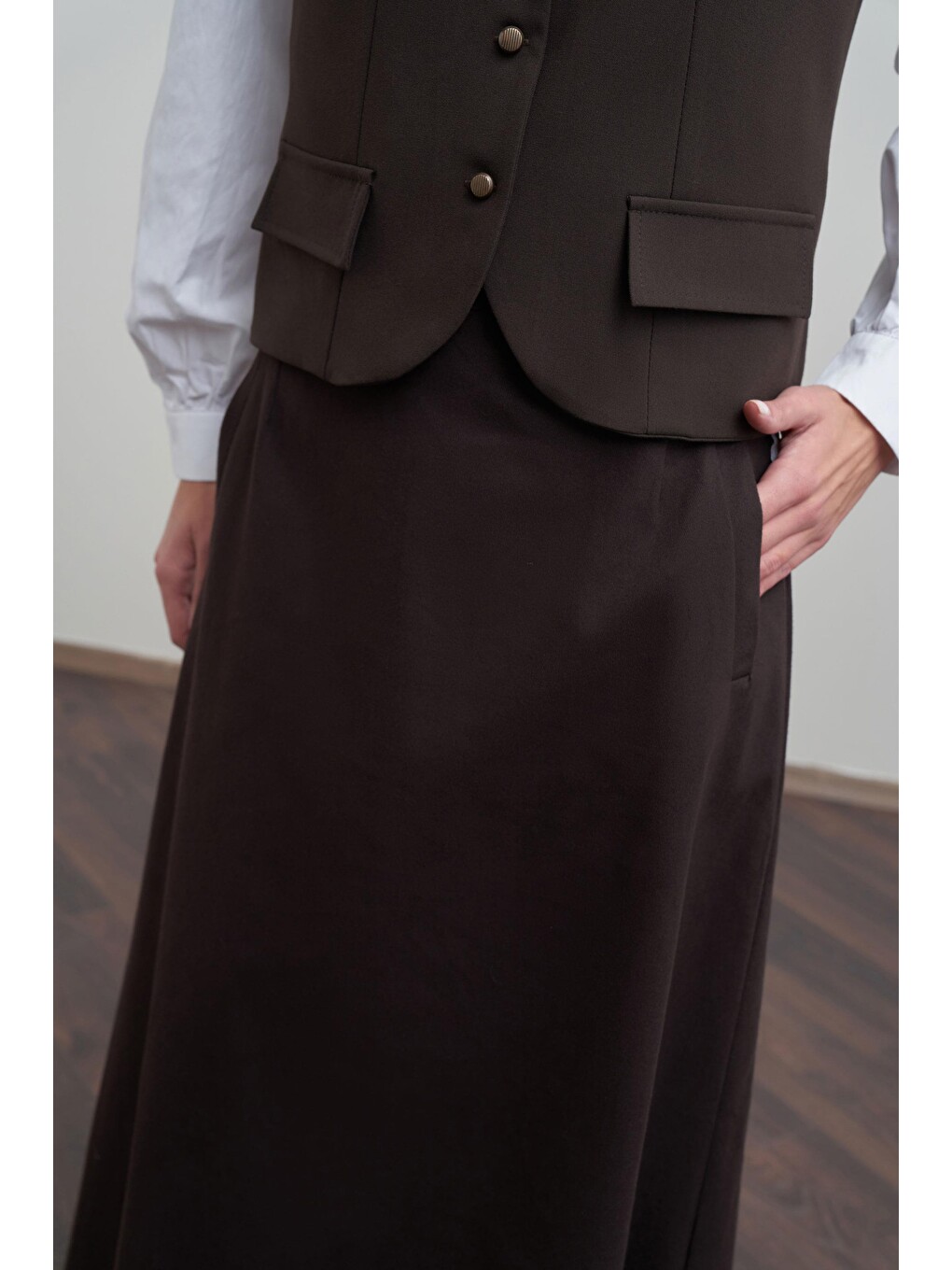 Kahverengi Acı Kahve-gabardin Belden Bantlı Çan Etek-3