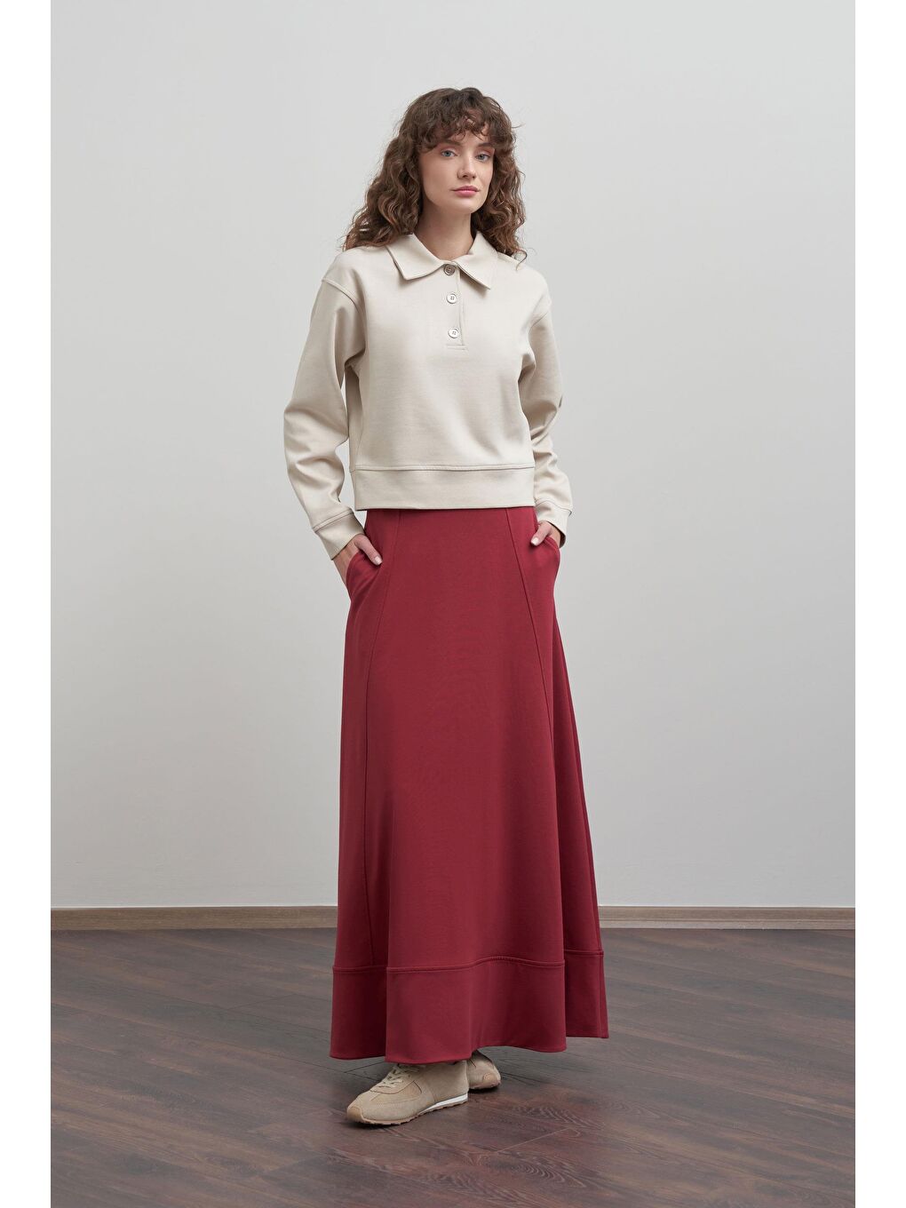 Bordo-Pamuklu Etek Ucu Bantlı Çan Etek