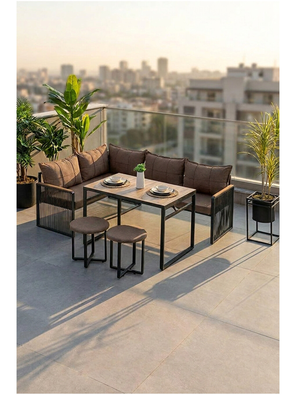 Laguna Köşe Takımı | Masa Ve Puflu Bahçe Balkon Köşe Koltuk, Keten, Kahve Antrasit-5
