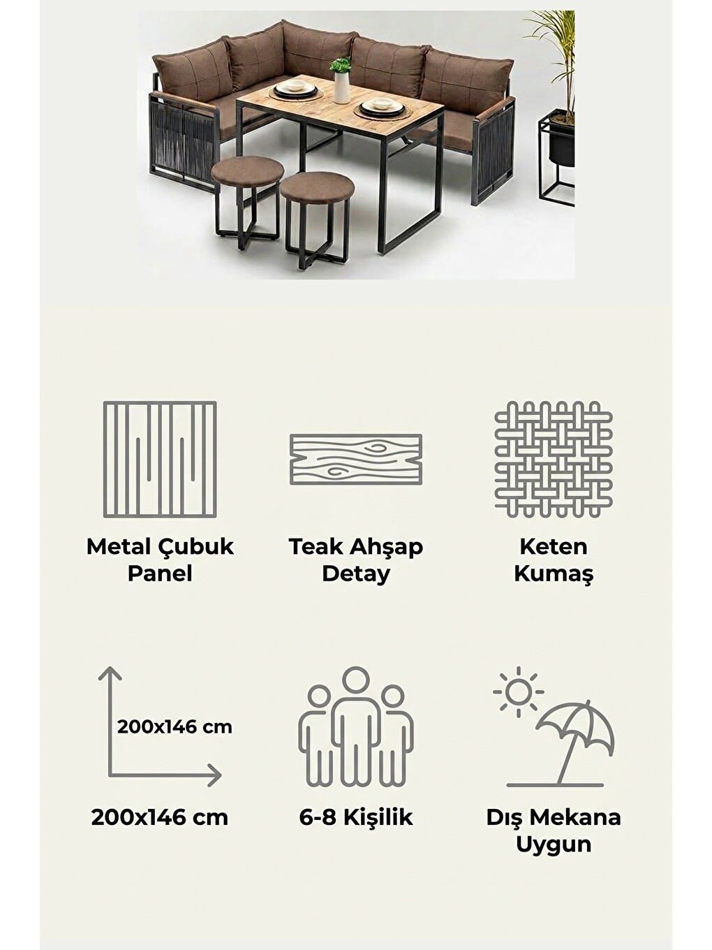 Laguna Köşe Takımı | Masa Ve Puflu Bahçe Balkon Köşe Koltuk, Keten, Kahve Antrasit-7