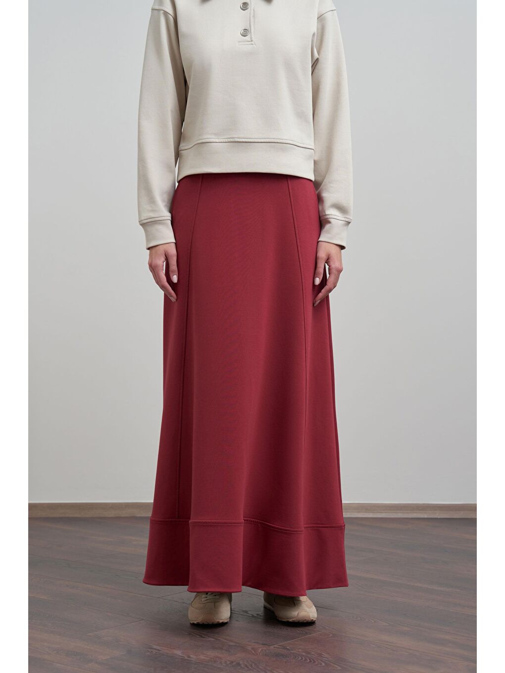 Bordo-Pamuklu Etek Ucu Bantlı Çan Etek-3