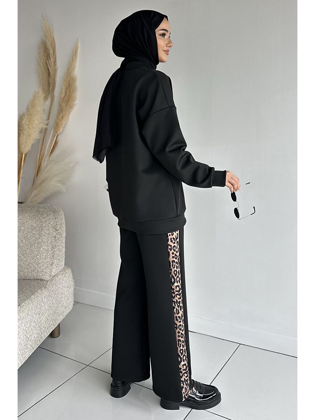 Siyah Leopar Desenli Kadın Tesettür Tunik Pantolon İkili Takım-6