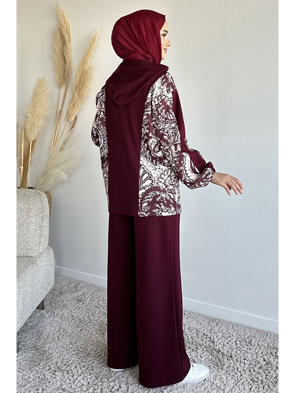 Bordo Dijital Baskılı Kapüşonlu Tunik Bel Lastikli Pantolon Tesettür İkili Takım-4