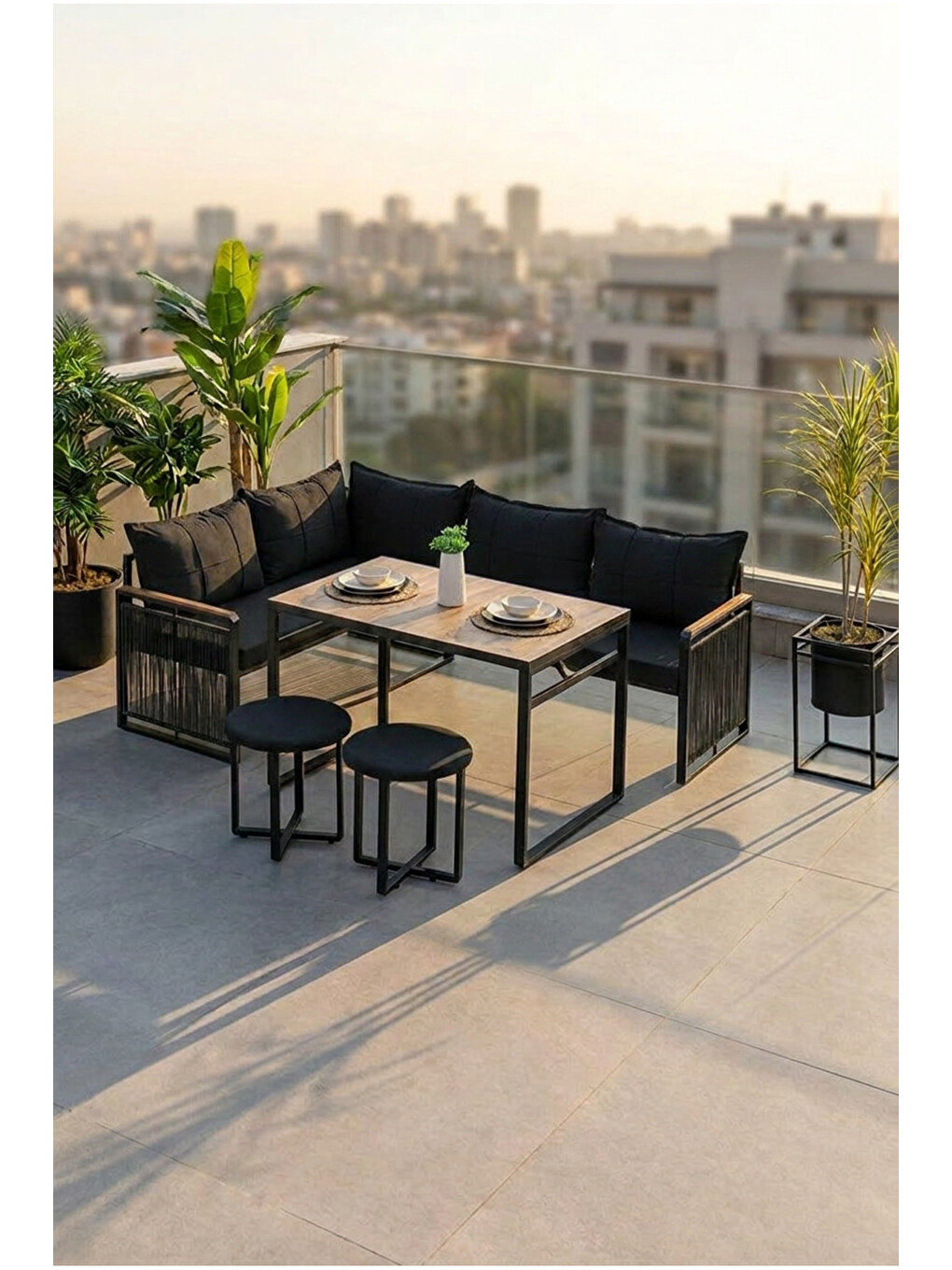Laguna Köşe Takımı | Masa Ve Puflu Bahçe Balkon Köşe Koltuk, Keten, Siyah Antrasit-5
