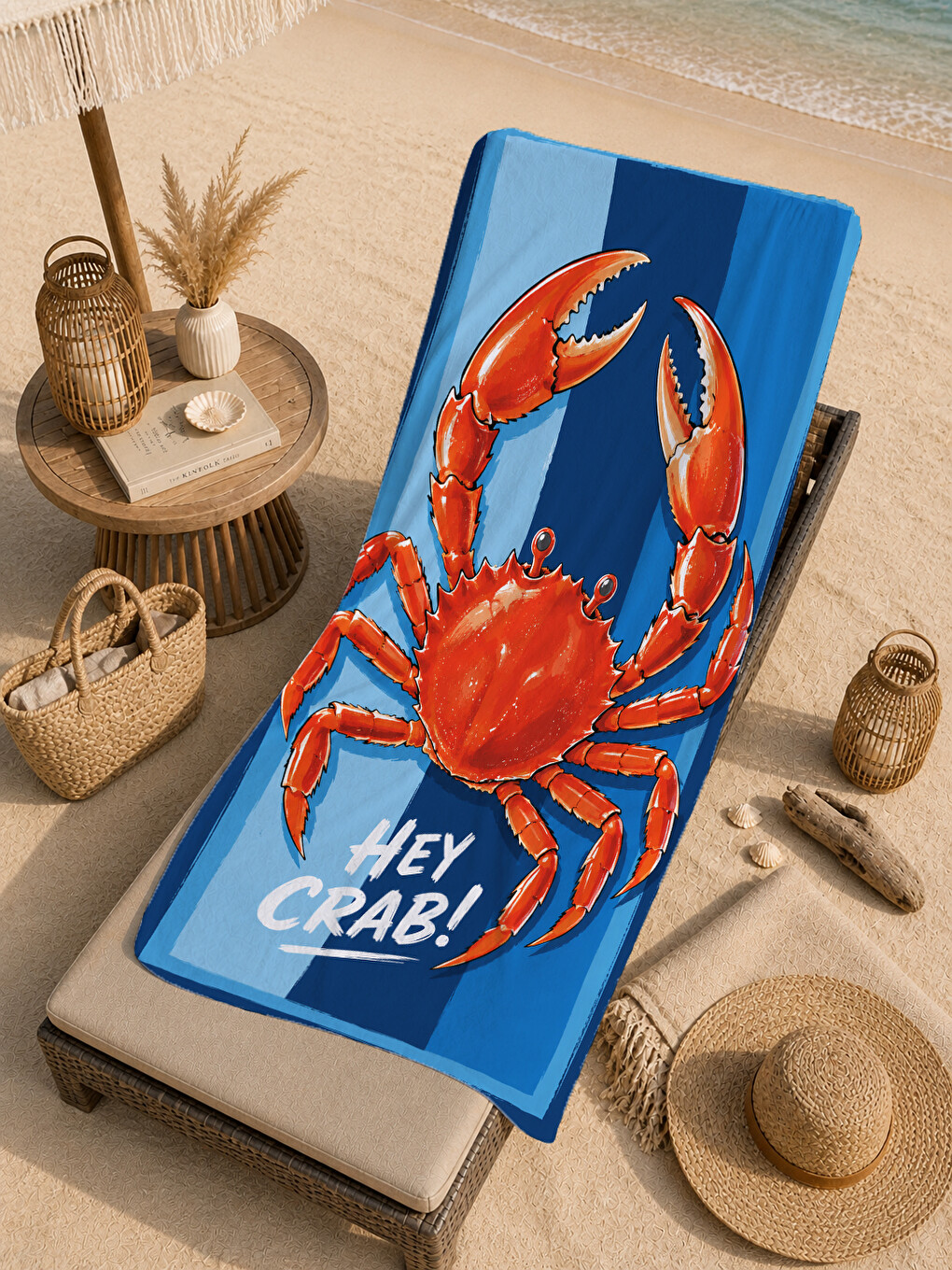 Pop Art Hey Crab Yazılı Kırmızı Yengeç Desenli 70x150 Plaj Havlusu - Pamuklu Banyo Havlusu-3