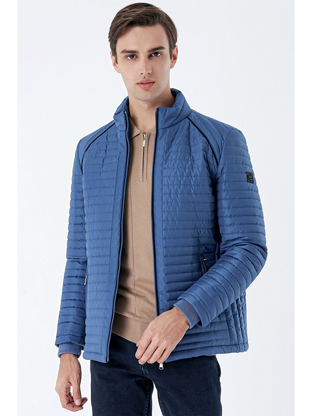 Petrol Mavi Kapitone Dolumlu Dik Yaka Astarlı Slim Fit Dar Kesim Casual Mont 1007235164