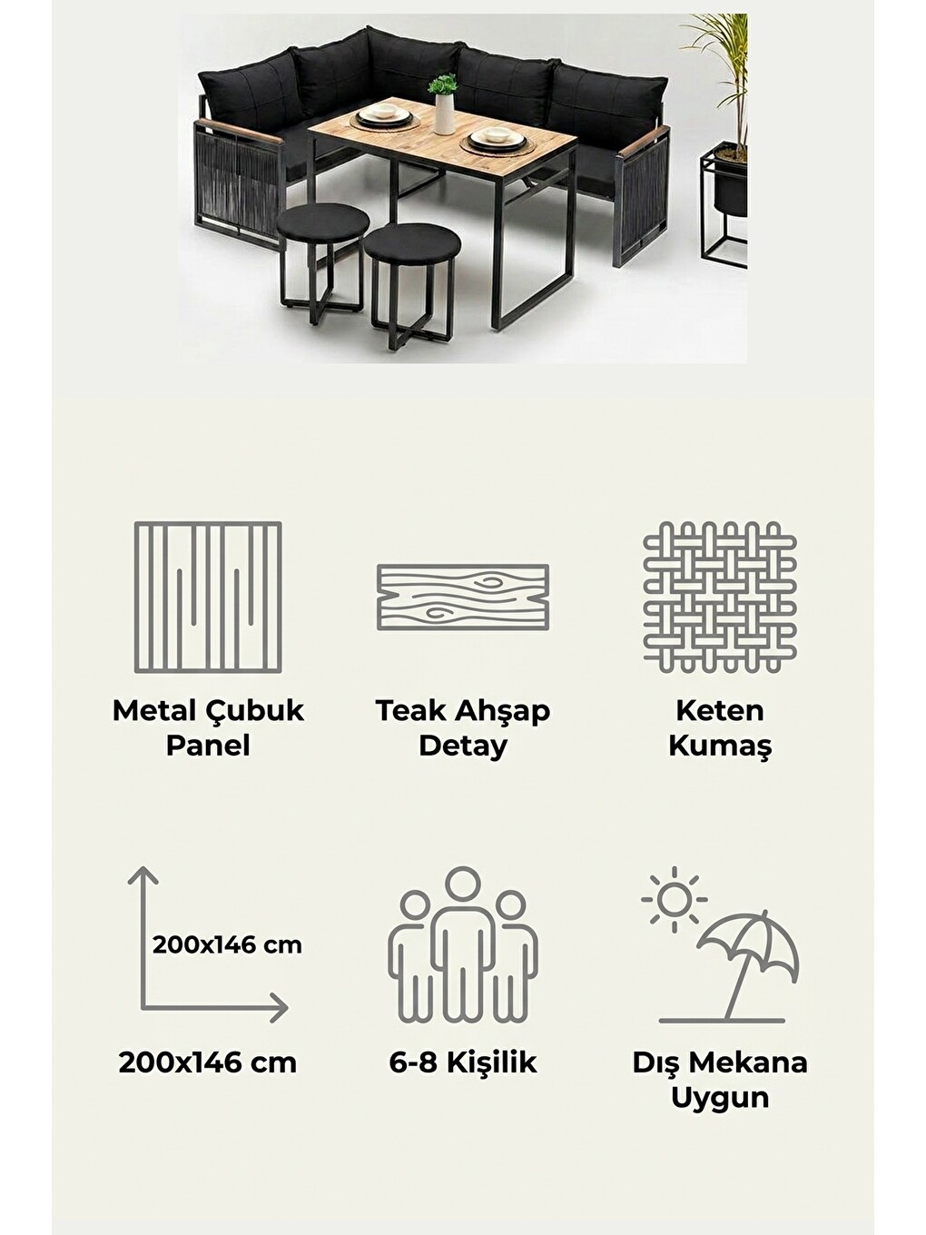 Laguna Köşe Takımı | Masa Ve Puflu Bahçe Balkon Köşe Koltuk, Keten, Siyah Antrasit-7