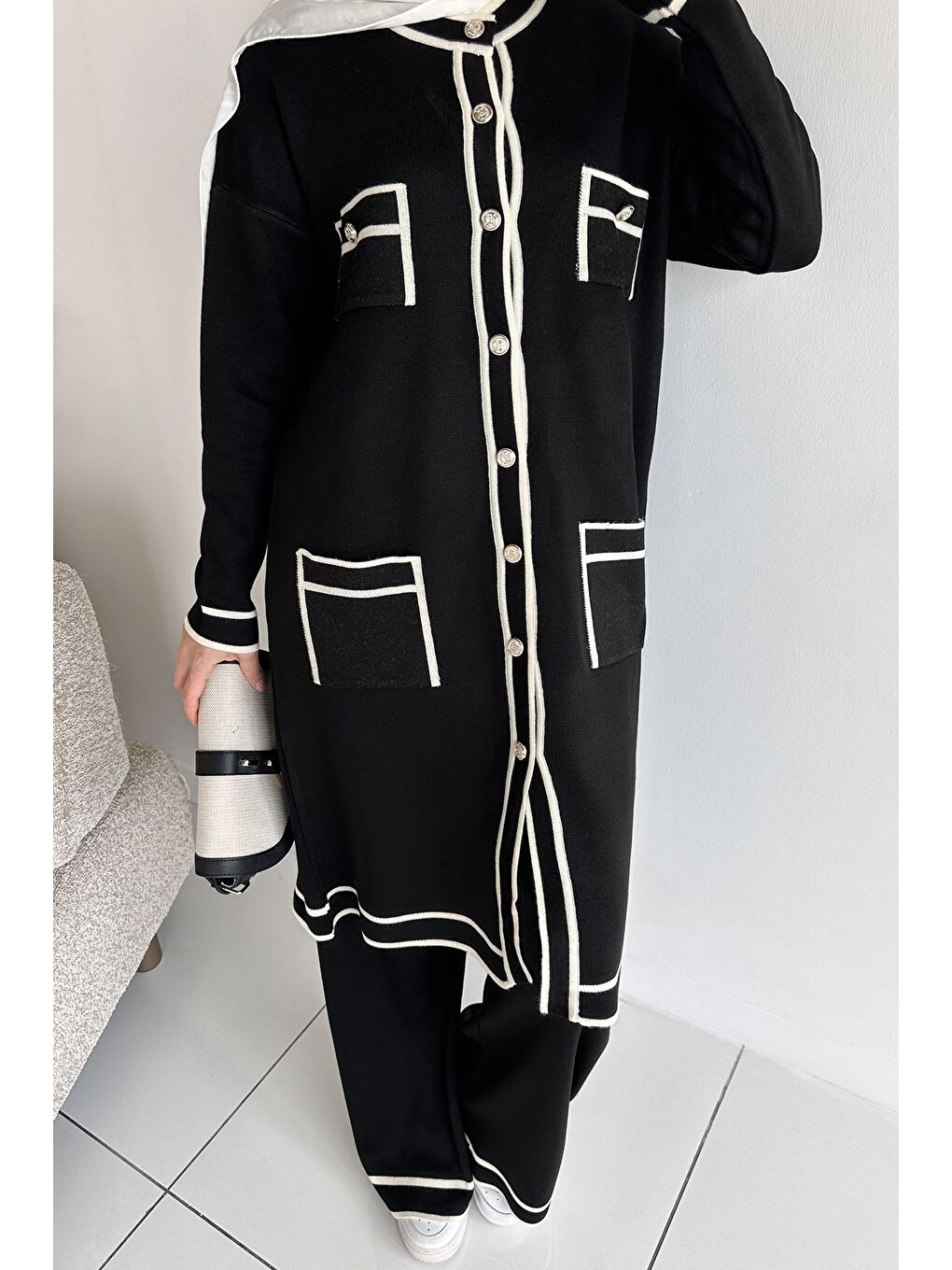 Siyah Ön Düğmeli Tesettür Triko Hırka Bel Lastikli Pantolon İkili Takım-7