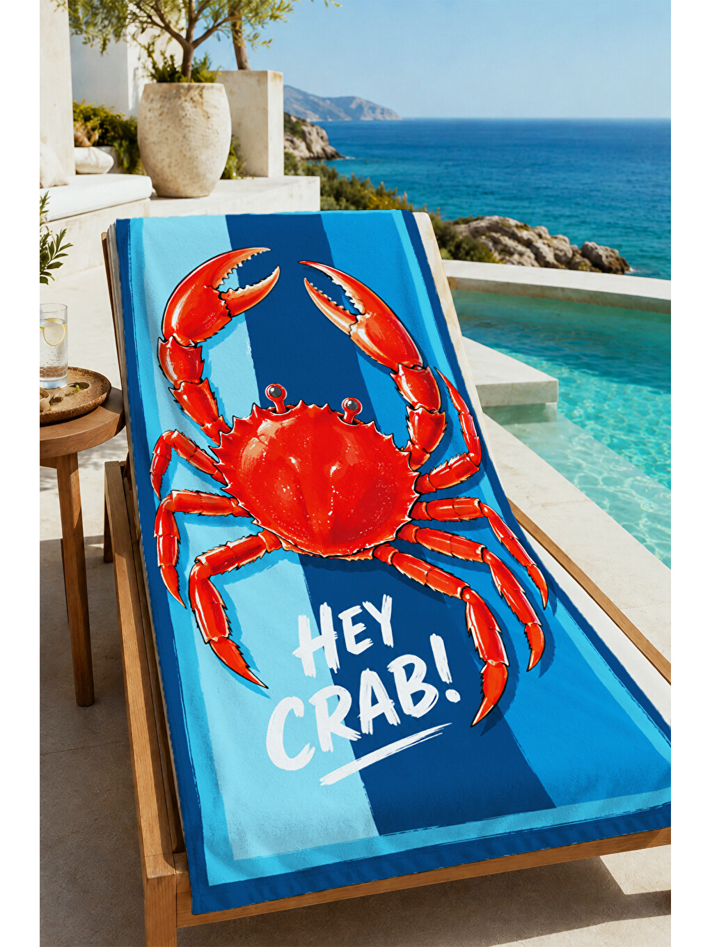 Pop Art Hey Crab Yazılı Kırmızı Yengeç Desenli 70x150 Plaj Havlusu - Pamuklu Banyo Havlusu-4