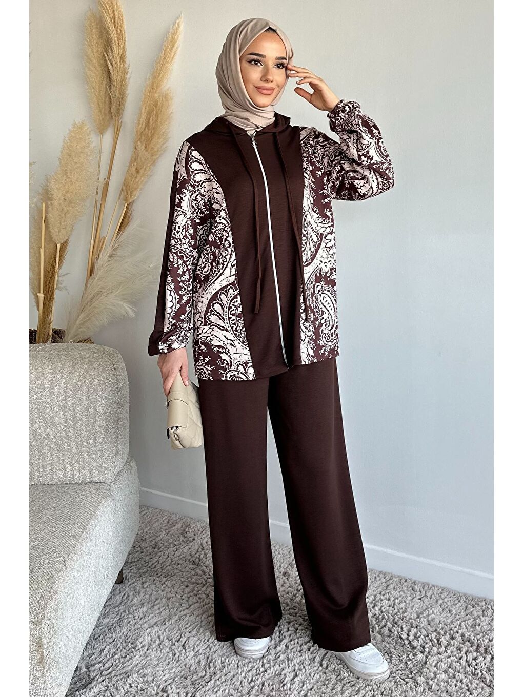 Kahverengi Dijital Baskılı Kapüşonlu Tunik Bel Lastikli Pantolon Tesettür İkili Takım-2