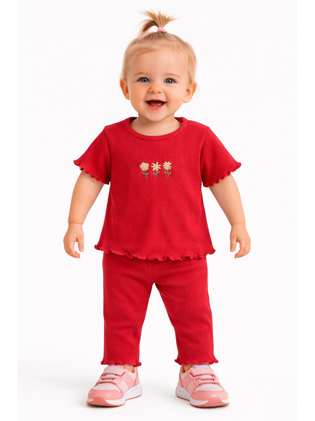 Kırmızı Çiçek Nakışlı Fırfır Detaylı Kız Bebek 2’li Takım