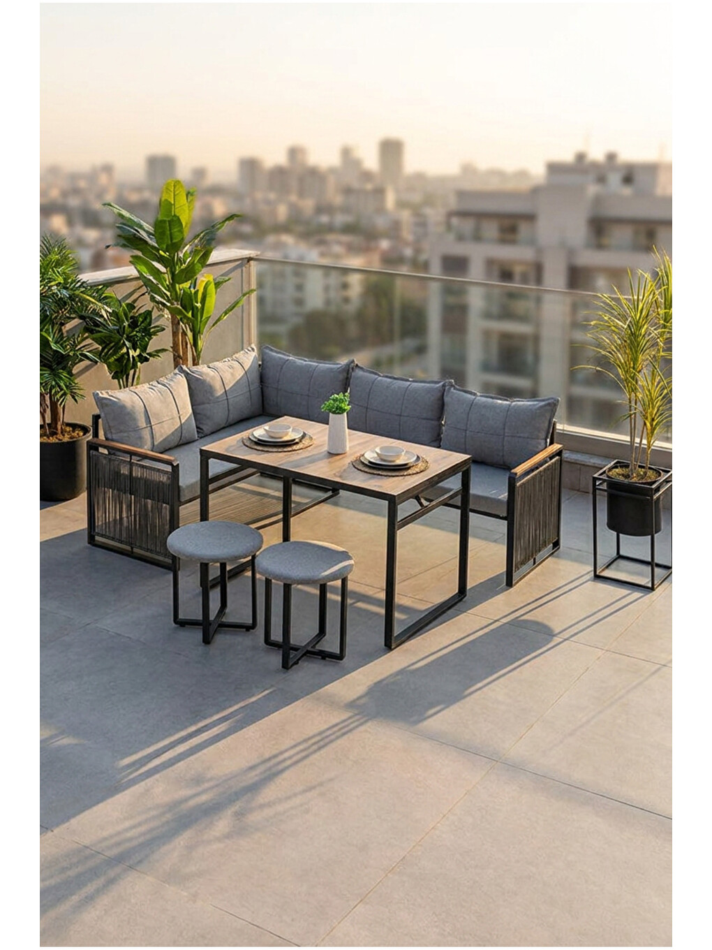 Laguna Köşe Takımı | Masa Ve Puflu Bahçe Balkon Köşe Koltuk, Keten, Gri Antrasit-5