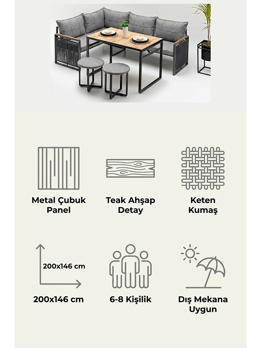 Laguna Köşe Takımı | Masa Ve Puflu Bahçe Balkon Köşe Koltuk, Keten, Gri Antrasit-7