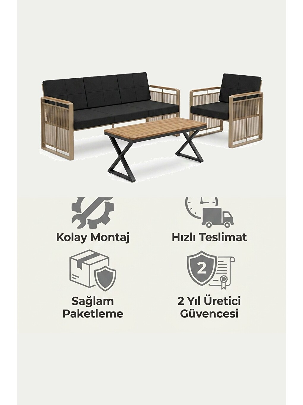 Maris Bahçe Balkon Oturma Takımı | İp Örgü Metal Karkas, 3+1 Koltuk, Cappucino Siyah-6