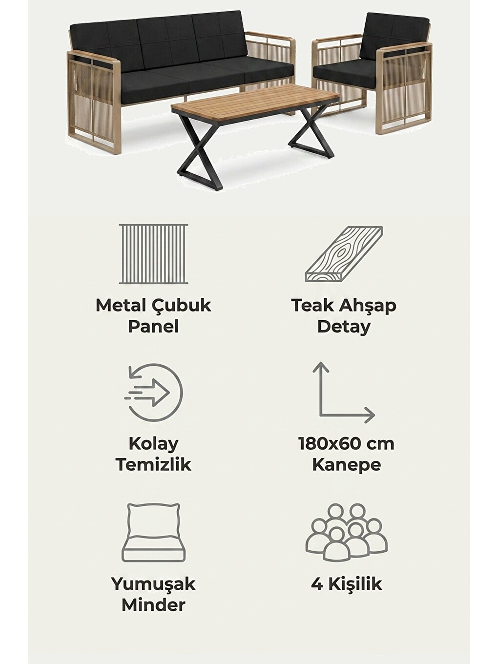 Maris Bahçe Balkon Oturma Takımı | İp Örgü Metal Karkas, 3+1 Koltuk, Cappucino Siyah-7