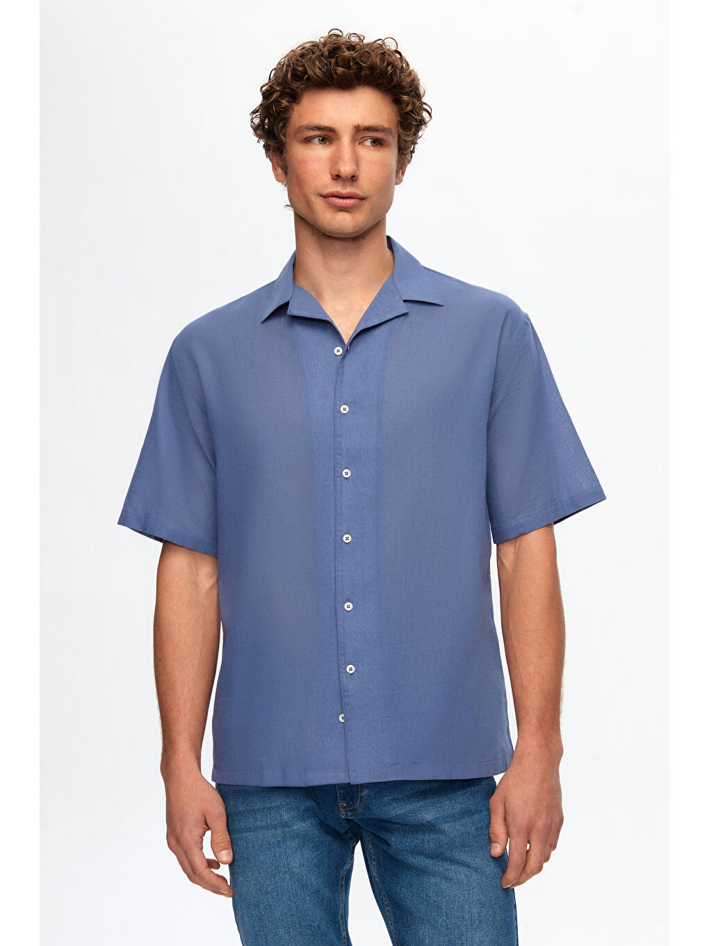 Ds Damat Relaxed İndigo Düz Pamuklu Keten Görünümlü İzci Yaka Yazlık Gömlek