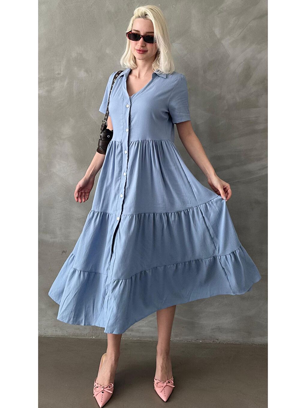 Mavi Bordo Gömlek Yaka Uzun Elbise Mg1853