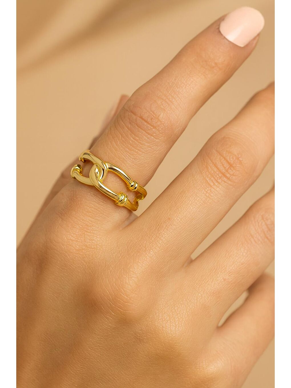 Sarı 18 K Halka Zincir Altın Rengi Ayarlamalı Kadın Yüzük-3