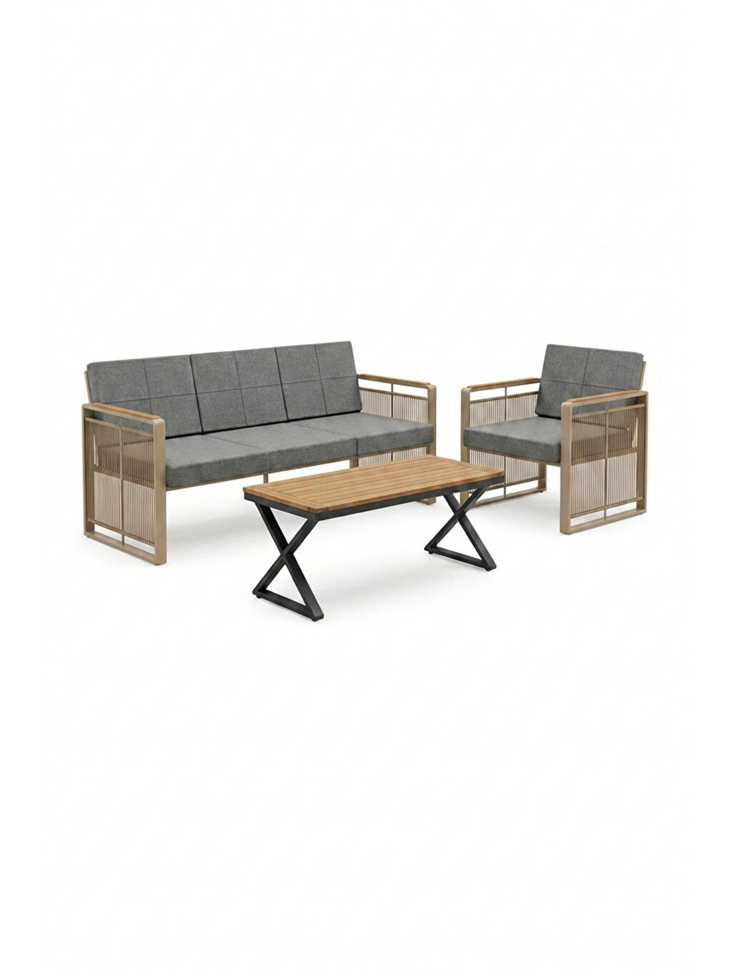 Maris Bahçe Balkon Oturma Takımı | İp Örgü Metal Karkas, 3+1 Koltuk, Cappucino Gri