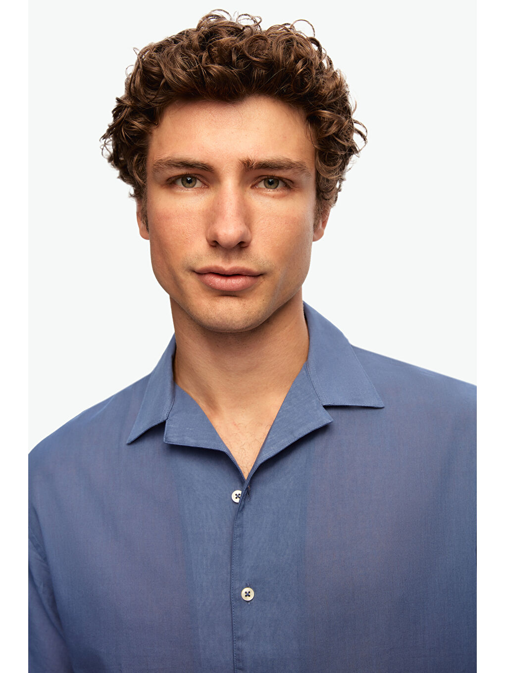 Ds Damat Relaxed İndigo Düz Pamuklu Keten Görünümlü İzci Yaka Yazlık Gömlek-1