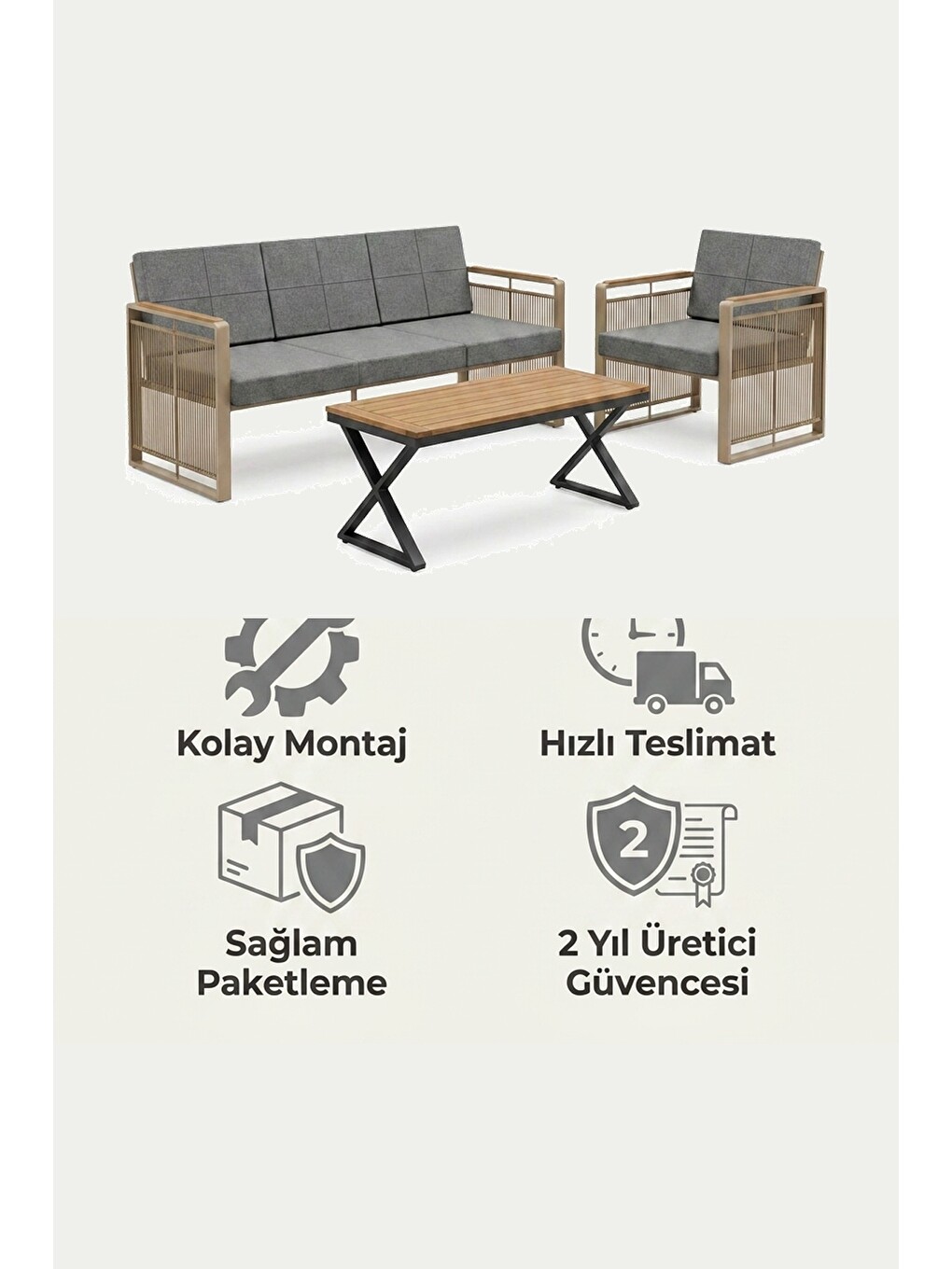 Maris Bahçe Balkon Oturma Takımı | İp Örgü Metal Karkas, 3+1 Koltuk, Cappucino Gri-6