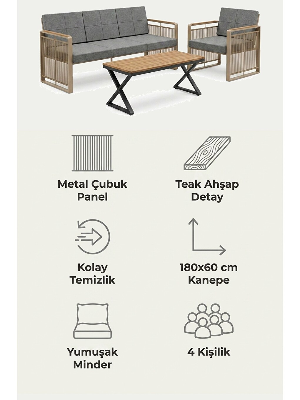 Maris Bahçe Balkon Oturma Takımı | İp Örgü Metal Karkas, 3+1 Koltuk, Cappucino Gri-7