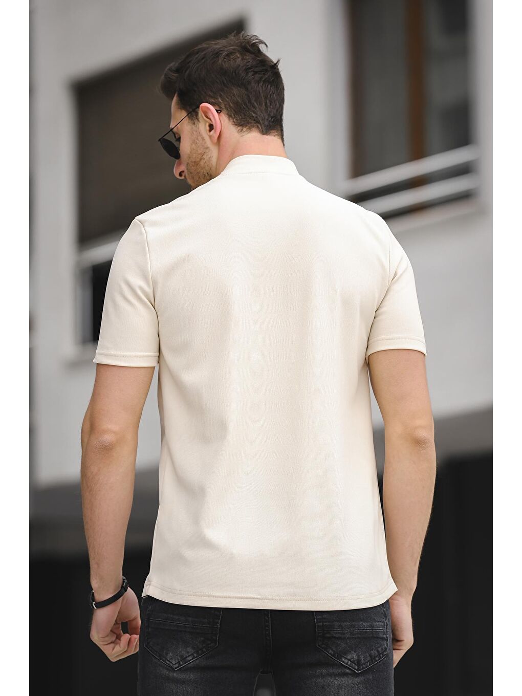 Bej Slim Fit Elastanlı Baskılı Yarım Balıkçı Boğazlı Erkek Tişört-3