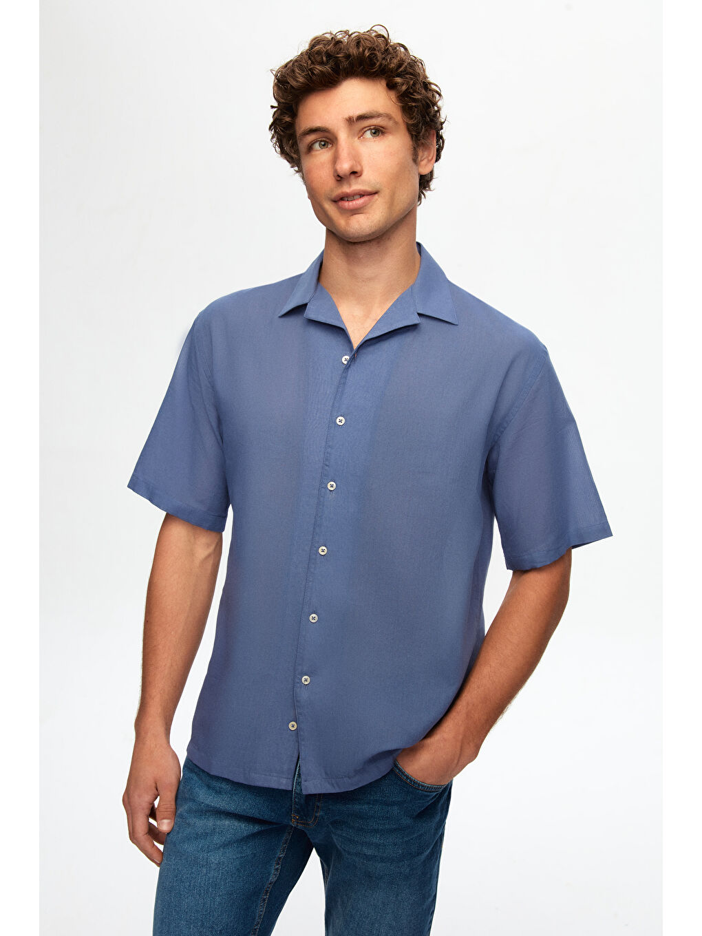 Ds Damat Relaxed İndigo Düz Pamuklu Keten Görünümlü İzci Yaka Yazlık Gömlek-2
