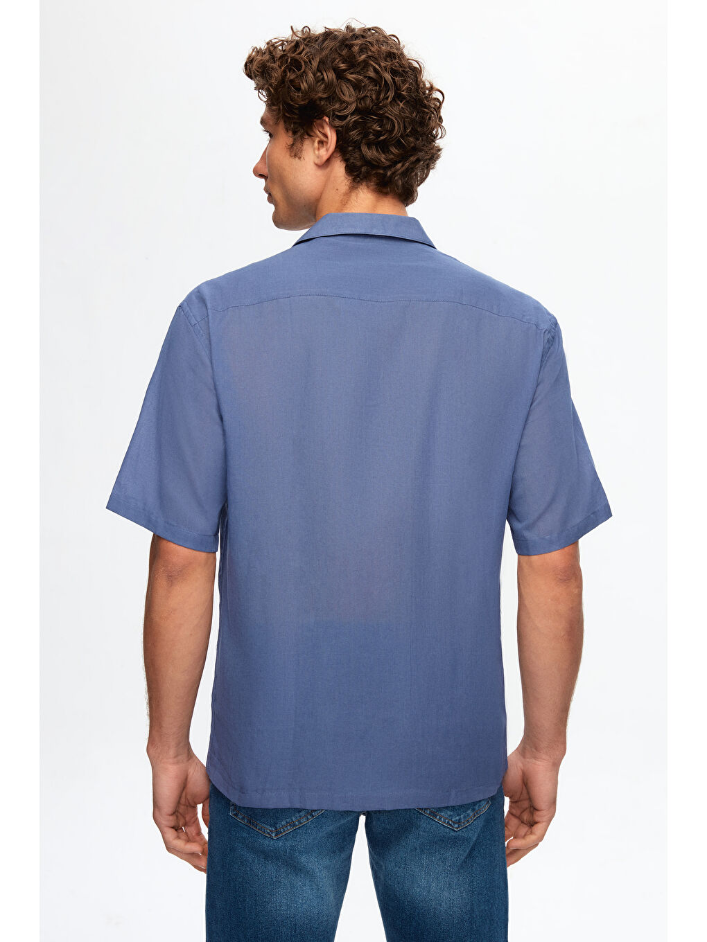 Ds Damat Relaxed İndigo Düz Pamuklu Keten Görünümlü İzci Yaka Yazlık Gömlek-3