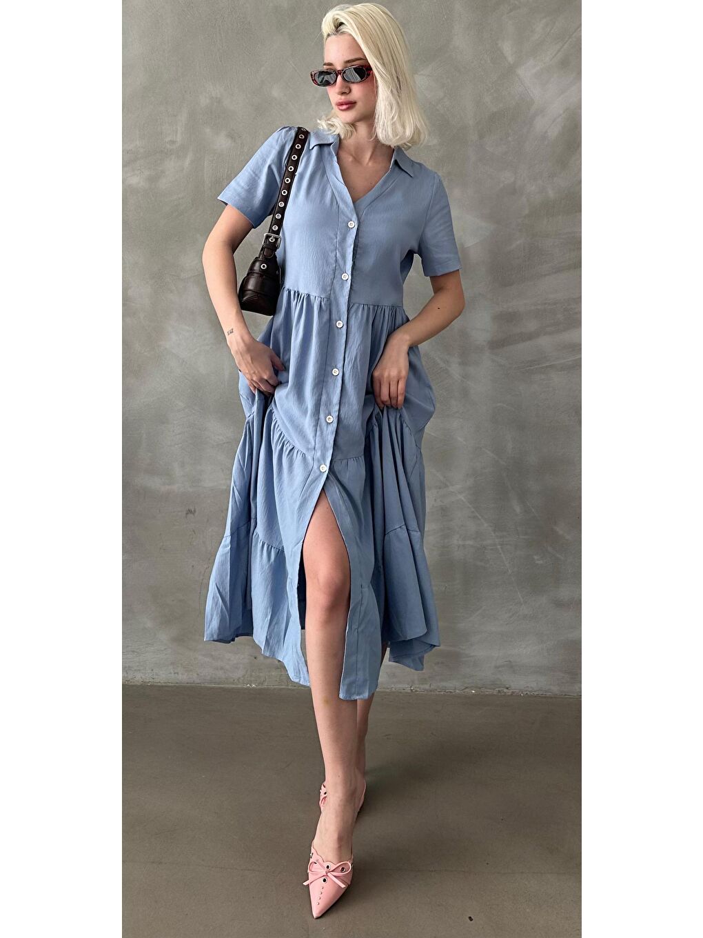 Mavi Bordo Gömlek Yaka Uzun Elbise Mg1853-1