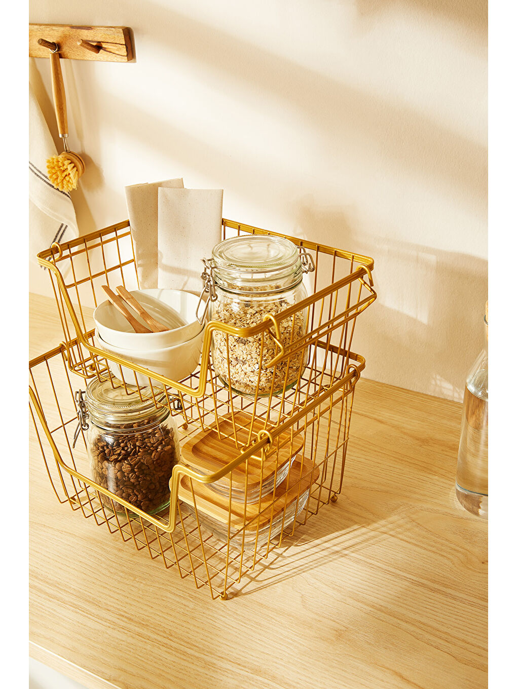 Sarı 2'li Altın Renk Metal Sepet Set 32 x 22 x 16 / 33 x 27 x 20 cm-5