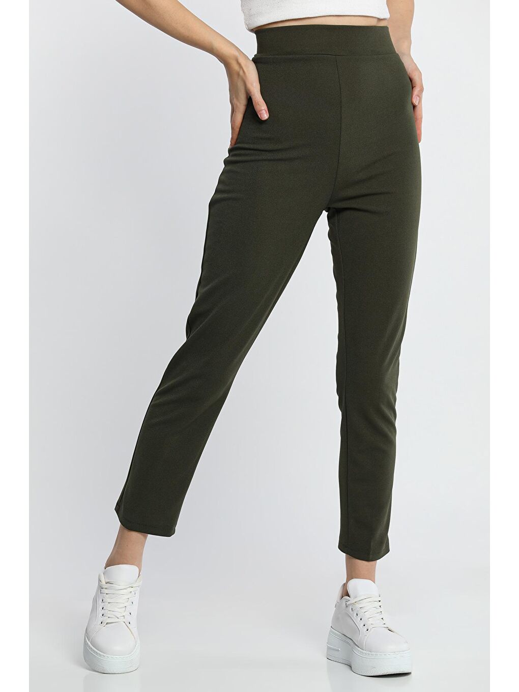 Haki Bel Lastikli Dar Paça Kadın Scuba Kumaş Pantolon (DAR KALIP)-1