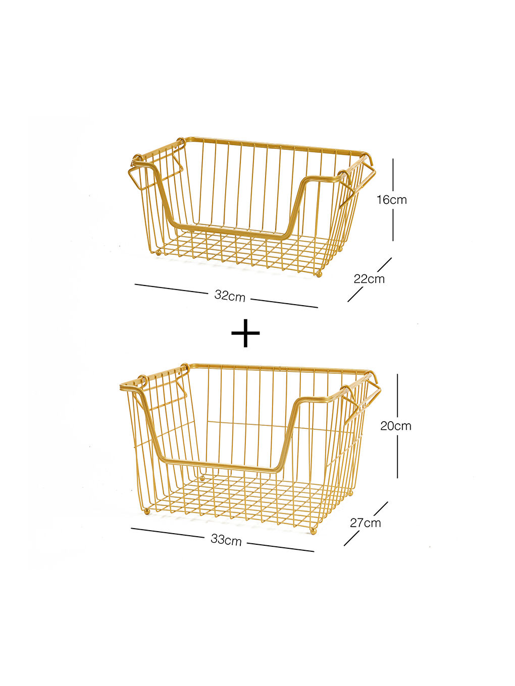 Sarı 2'li Altın Renk Metal Sepet Set 32 x 22 x 16 / 33 x 27 x 20 cm-8