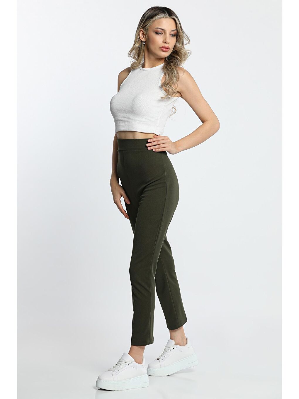 Haki Bel Lastikli Dar Paça Kadın Scuba Kumaş Pantolon (DAR KALIP)-3