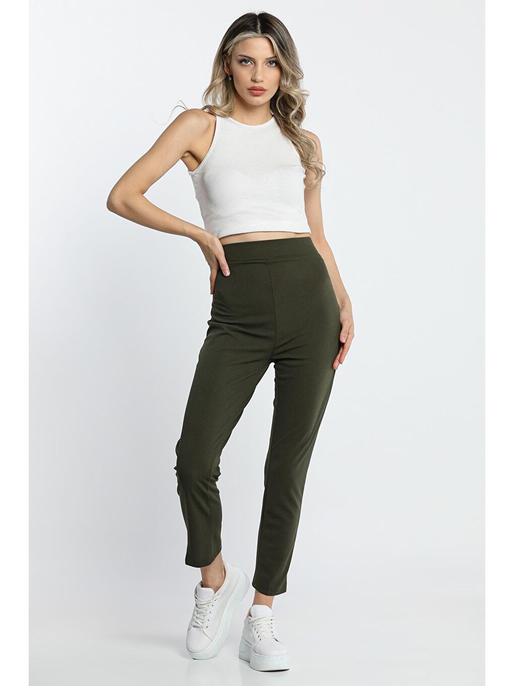 Haki Bel Lastikli Dar Paça Kadın Scuba Kumaş Pantolon (DAR KALIP)-4